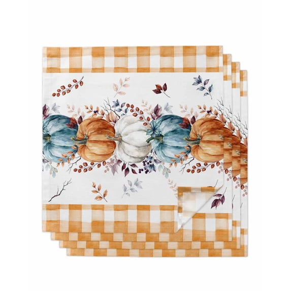 Orange Pumpkin Thanksgiving Cloth Napkins Set of 4 Reusable Dinner Napkins, Fall Leaves Retro Plaid Cocktail Napkin Washable Table Napkins for Wedding/Holiday Party/Baby Shower 20"x20"