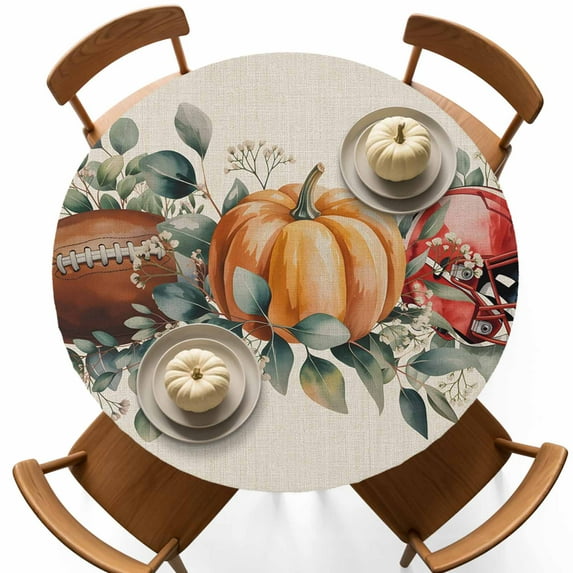 Orange Pumpkin Thanksgiving Football Fitted Round Tablecloths Table Covers 36"-44",Waterproof Table Cloth for Kitchen Holiday Party Tables Decor