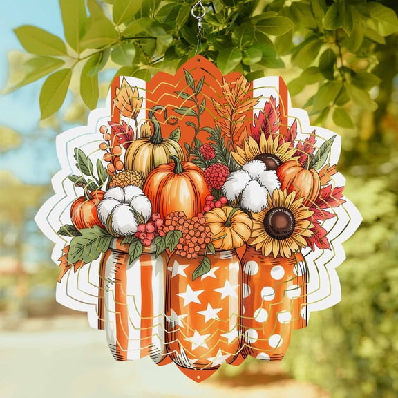 Orange Pumpkin Wind Spinner for Garden Yard 8In, Sunflower Leaves Bottle Cotton Striped 3D Stainless Steel Kinetic Hanging Wind Spinners Rustproof Outdoor Decor for Lawn Patio Home