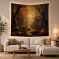 thumbnail image 1 of Orange Pumpkins Along a Narrow Foggy Forest Path, Eerie Gothic for Dark Art Lovers, Pumpkin Forest Decor, Halloween Gift, Tapestry Wall Hanging for Bedroom and Den, 1 of 4