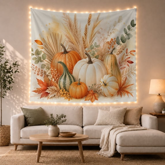Orange Pumpkins Among Wheat and Crimson Leaves, Cozy Watercolor for Fall Lovers, Harvest Still Life Art, Hostess Gift, Tapestry Wall Hanging for Dining Room and Kitchen