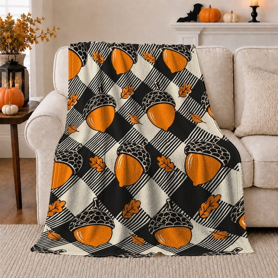 Orange Pumpkins on Black Check Pattern, Bold Farmhouse Style for Fall Lovers, Maple Gourd Patch and Thanksgiving Gift, Soft Flannel Blanket for Living Room and Cabin, Home Decor