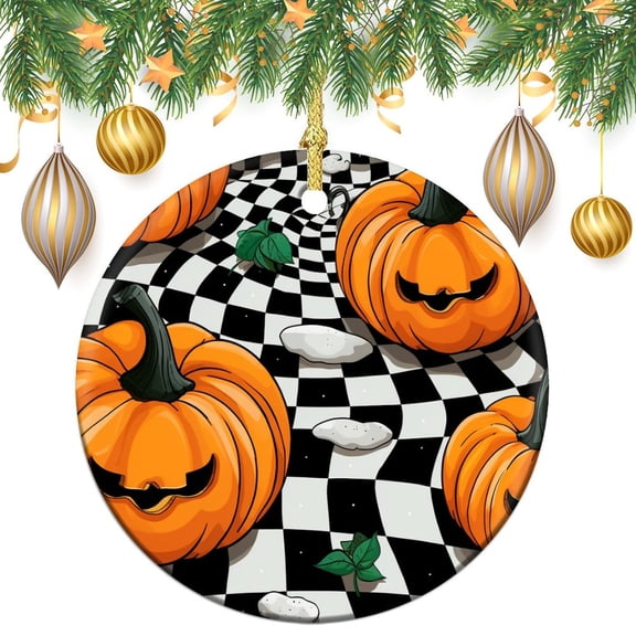 Orange Pumpkins on A Black And White Checkered Pattern Ceramics Ornaments Halloween Fall Decor Christmas Tree Ornaments Christmas Tree Decoration Indoor Outdoor Yard Ornament Xmas Present