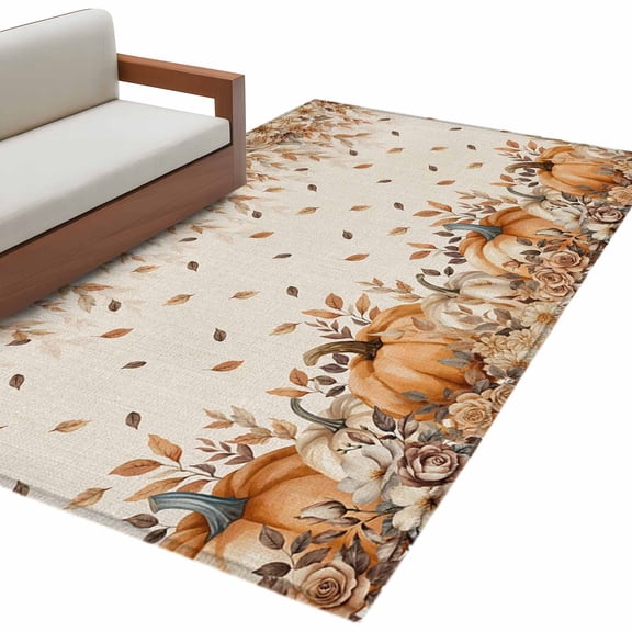 Orange Pumpkins Fall 3'x5' Washable Rug, Thanksgiving Leaves Floral Rustic Non-Slip Area Rugs for Entryway Kitchen Classroom, Dorm Throw Carpet, Low Pile Soft Indoor Floor Mat