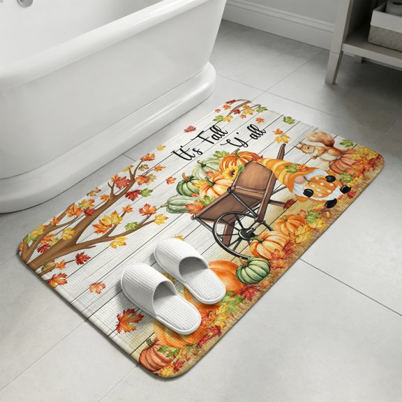 Orange Pumpkins Fall Bathroom Rugs Non Slip Washable Bath Mat Absorbent Front Door Mat Thanksgiving Maple Gnomes Country Wood Indoor Doormat for Kitchen Entryway Shower Decor Accessories 15.7"x23.6"