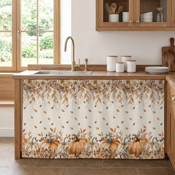 Orange Pumpkins Fall Cabinet Curtain 28"Wx51"L,Dustproof Storage Cabinet Curtain with Self Adhesive Tape,Thanksgiving Leaves Floral Rustic Tall Pantry Cover Drape for Kitchen,Utility Closet