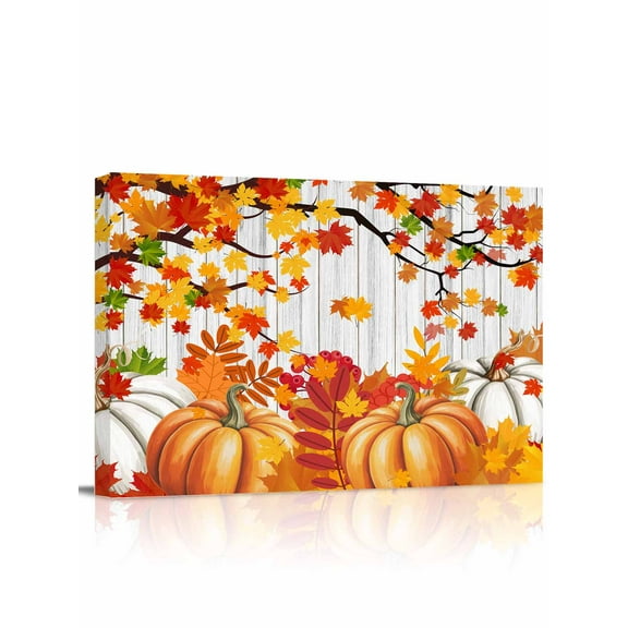 Orange Pumpkins Fall Canvas Print Wall Art Framed Canvas Art Wall Decor Maple Leaf Thanksgiving Botanical Vintage Pictures Painting Morden Artwork for Living Room Bedroom, Ready to Hang - 12"x16"