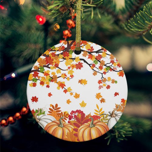 Orange Pumpkins Fall Ceramic Ornaments, Maple Leaf Thanksgiving Botanical Round Porcelain Hanging Ornaments with Gold String, Xmas Decorations Keepsake Gifts for Holiday Home Party 3''