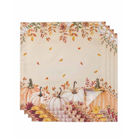 Orange Pumpkins Fall Cloth Napkins Set of 4 Reusable Dinner Napkins, Thanksgiving Flowers Autumn Leaves Cocktail Napkin Washable Table Napkins for Wedding/Holiday Party/Baby Shower 20"x20"