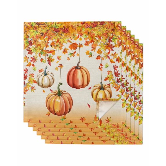 Orange Pumpkins Fall Cloth Napkins Set of 6 Reusable Dinner Napkins, Thanksgiving Maple Leaves Botanical Cocktail Napkin Washable Table Napkins for Wedding/Holiday Party/Baby Shower 20"x20"