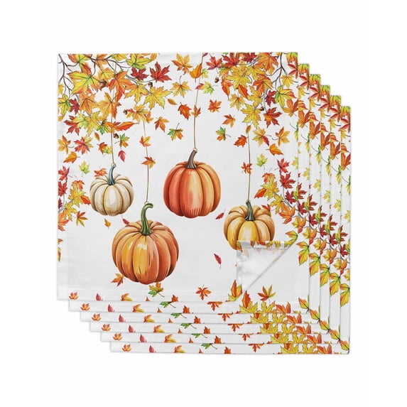 Orange Pumpkins Fall Cloth Napkins Set of 6 Reusable Dinner Napkins, Yellow Maple Leaf Thanksgiving Cocktail Napkin Washable Table Napkins for Wedding/Holiday Party/Baby Shower 20"x20"