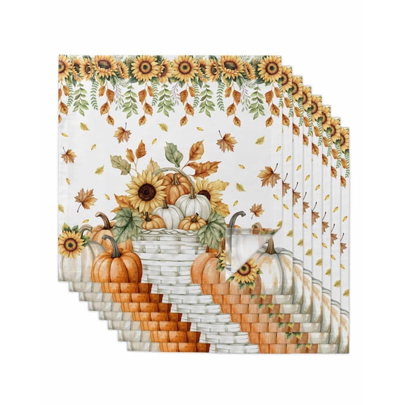 Orange Pumpkins Fall Cloth Napkins Set of 8 Reusable Dinner Napkins, Sunflower Thanksgiving Botanical Pastoral Cocktail Napkin Washable Table Napkins for Wedding/Holiday Party/Baby Shower 20"x20"
