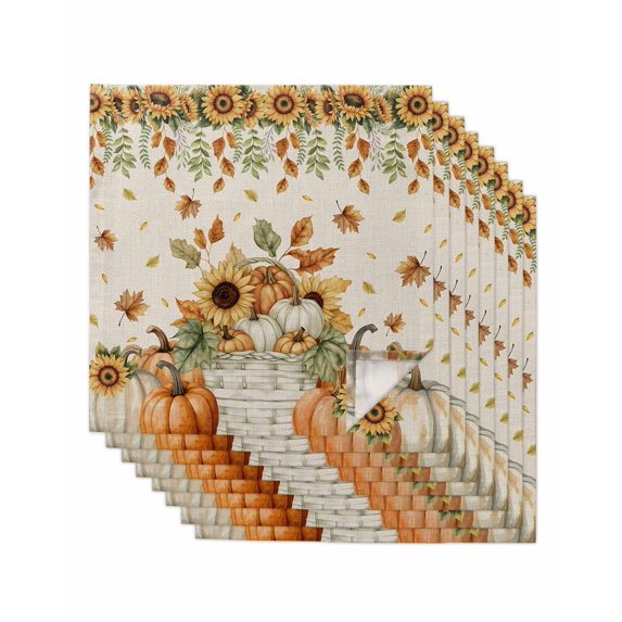 Orange Pumpkins Fall Cloth Napkins Set of 8 Reusable Dinner Napkins, Sunflower Thanksgiving Botanical Rustic Cocktail Napkin Washable Table Napkins for Wedding/Holiday Party/Baby Shower 20"x20"