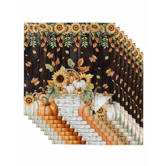 Orange Pumpkins Fall Cloth Napkins Set of 8 Reusable Dinner Napkins, Sunflower Thanksgiving Botanical Wooden Cocktail Napkin Washable Table Napkins for Wedding/Holiday Party/Baby Shower 20"x20"