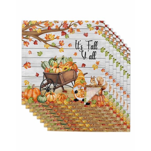 Orange Pumpkins Fall Cloth Napkins Set of 8 Reusable Dinner Napkins, Thanksgiving Maple Gnomes Country Wood Cocktail Napkin Washable Table Napkins for Wedding/Holiday Party/Baby Shower 20"x20"