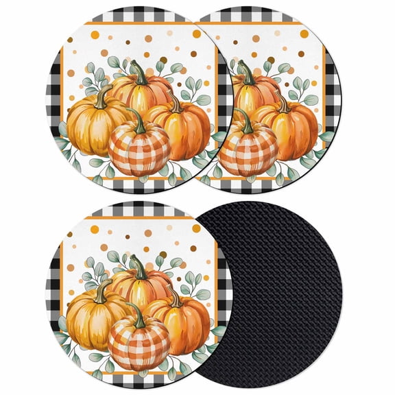 Orange Pumpkins Fall Coasters Set of 4, Absorbent Coasters for Drinks, Black Plaid Polka Dot Botanical Coaster for Desk Coffee Table Protection, Home Decor House Warming Gifts 4"