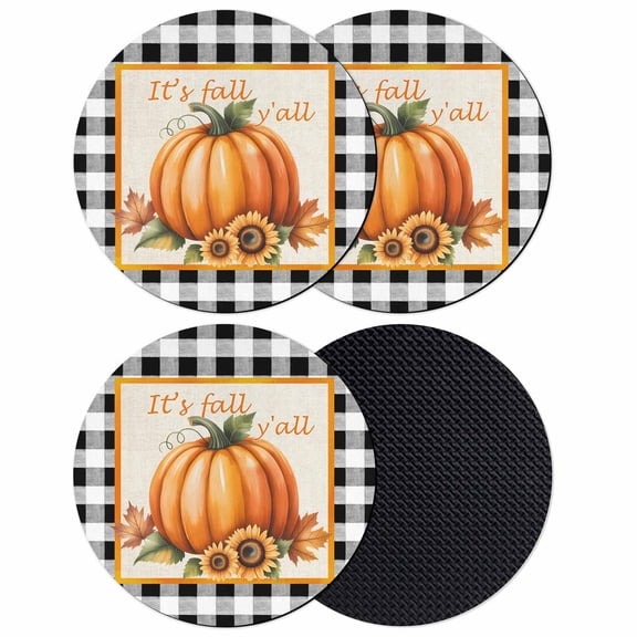 Orange Pumpkins Fall Coasters Set of 4, Absorbent Coasters for Drinks, Thanksgiving Botanical Leaves Checkered Coaster for Desk Coffee Table Protection, Home Decor House Warming Gifts 4"