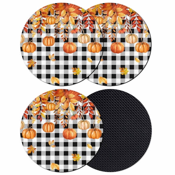 Orange Pumpkins Fall Coasters Set of 4, Absorbent Coasters for Drinks, Thanksgiving Maple Leaf Plaid Coaster for Desk Coffee Table Protection, Home Decor House Warming Gifts 4"