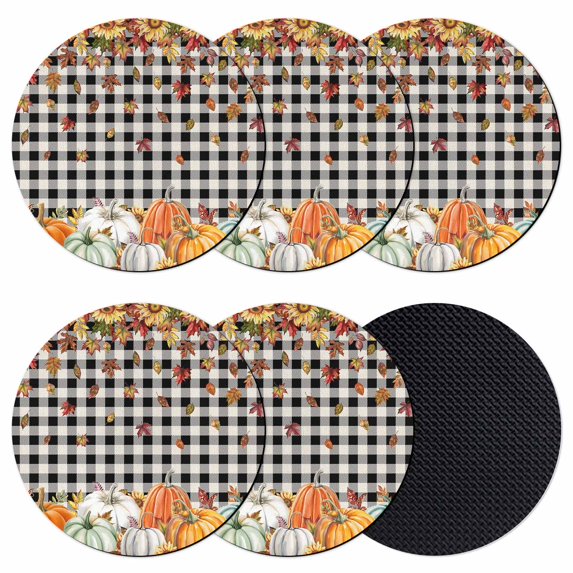 Orange Pumpkins Fall Coasters Set of 6, Absorbent Coasters for Drinks, Thanksgiving Botanical Black Plaid Coaster for Desk Coffee Table Protection, Home Decor House Warming Gifts 4"