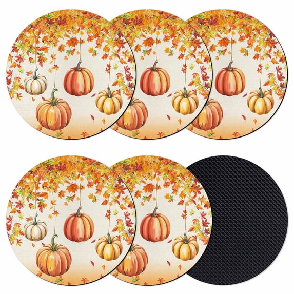 Orange Pumpkins Fall Coasters Set of 6, Absorbent Coasters for Drinks, Thanksgiving Maple Leaves Botanical Coaster for Desk Coffee Table Protection, Home Decor House Warming Gifts 4"