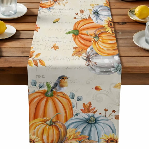 Orange Pumpkins Fall Cotton Linen Table Runner for Dining Kitchen, Thanksgiving Maple Leaf Rustic Wedding Outdoor Party Tablerunners Decoration, Dresser Scarf Coffee Tablecloth Runners 13x120 Inches