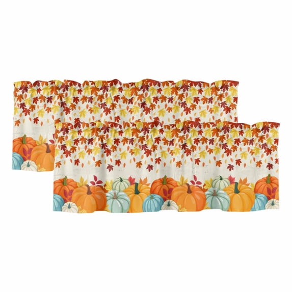 Orange Pumpkins Fall Curtain Valances for Windows, Kitchen Valance Window Treatments Panel 2 Pack, Thanksgiving Maple Leaves Weeping Rustic Rod Pocket Short Curtains for Bathroom Bedroom 60 x 18 Inch