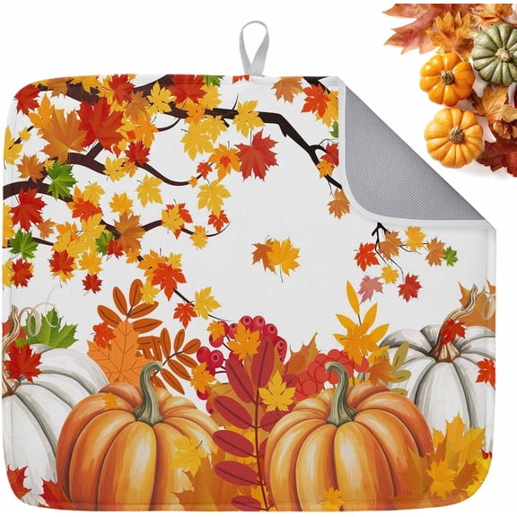 Orange Pumpkins Fall Dish Drying Mat for Kitchen Counter, Grey Thanksgiving Botanical Baby Bottle Microfiber Drying Pad, Red Maple Leaf Tree Absorbent Coffee Cup Dishes Drainer Mats 16"x18"