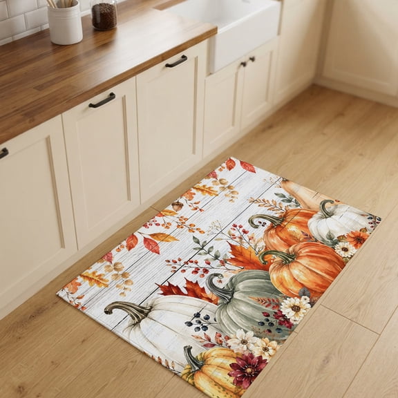 Orange Pumpkins Fall Entryway Rug 2'x3' Non Slip Front Door Mats, Thanksgiving Flowers Leaves Wooden Entrance Rugs Indoor Outdoor Carpet, Washable Floor Mats Small Area Rug for Bedroom Kitchen