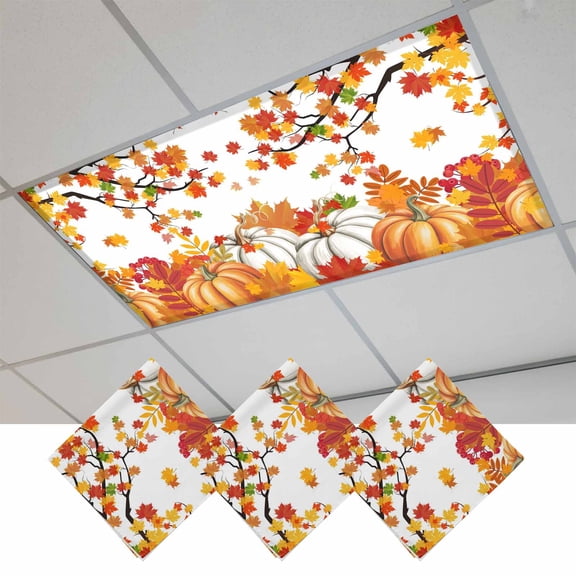 Orange Pumpkins Fall Fluorescent Light Covers, Maple Leaf Thanksgiving Botanical Magnetic Light Covers for Ceiling Lights, Fluorescent Ceiling Shade Filters for Classroom Bedroom Office 4x2Ft x 3PCS