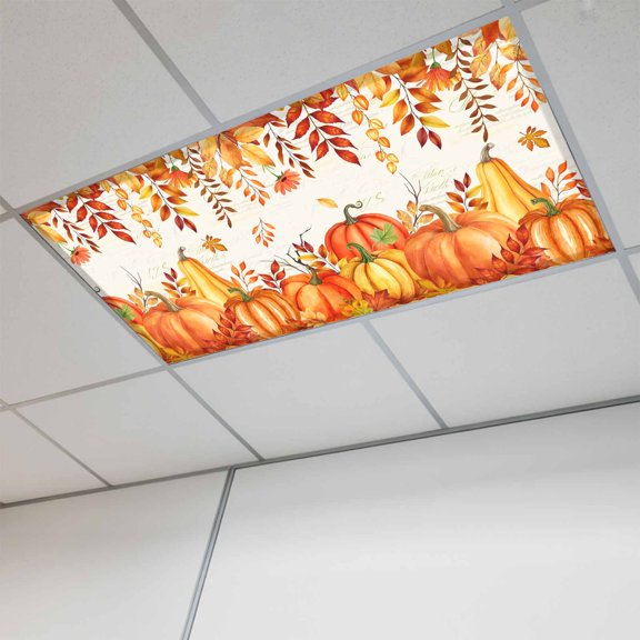Orange Pumpkins Fall Fluorescent Light Covers, Thanksgiving Botanical Maple Leaves Falling Magnetic Light Covers for Ceiling Lights, Fluorescent Ceiling Shade for Classroom Office 4x2Ft x 1PCS