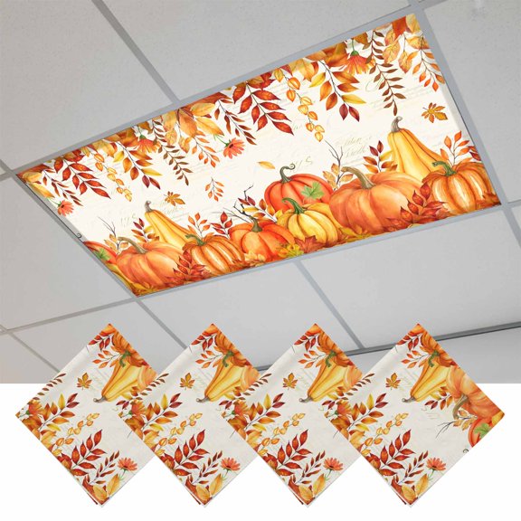 Orange Pumpkins Fall Fluorescent Light Covers, Thanksgiving Botanical Maple Leaves Falling Magnetic Light Covers for Ceiling Lights, Fluorescent Ceiling Shade for Classroom Office 4x2Ft x 4PCS