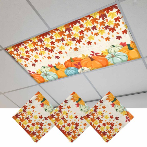 Orange Pumpkins Fall Fluorescent Light Covers, Thanksgiving Maple Leaves Weeping Rustic Magnetic Light Covers for Ceiling Lights, Fluorescent Ceiling Shade for Classroom Bedroom Office 4x2Ft x 3PCS