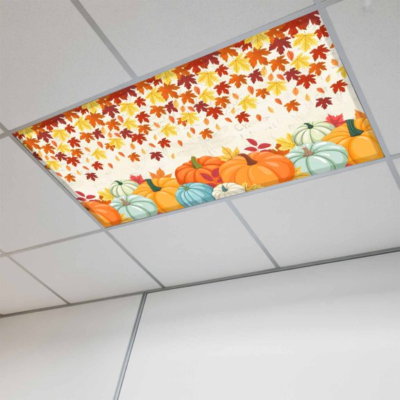 Orange Pumpkins Fall Fluorescent Light Covers, Thanksgiving Maple Leaves Weeping Rustic Magnetic Light Covers for Ceiling Lights, Fluorescent Ceiling Shade for Classroom Bedroom Office 4x2Ft x 1PCS