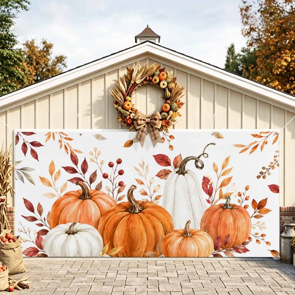 Orange Pumpkins Fall Garage Door Banner 6.9x8 Ft, Eucalyptus Leaves Autumn Thanksgiving Outdoor Garage Door Cover for Holiday Party, Hanging Banner Backdrop Decoration Wall Decor Flag