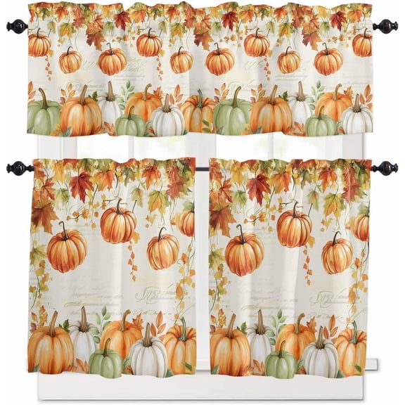 Orange Pumpkins Fall Kitchen Curtains Set, Thanksgiving Tier Curtain 36 Inches Length, Maple Leaves Weeping Valance and Tiers Set Window Treatment Decor for Bedroom/Living Room