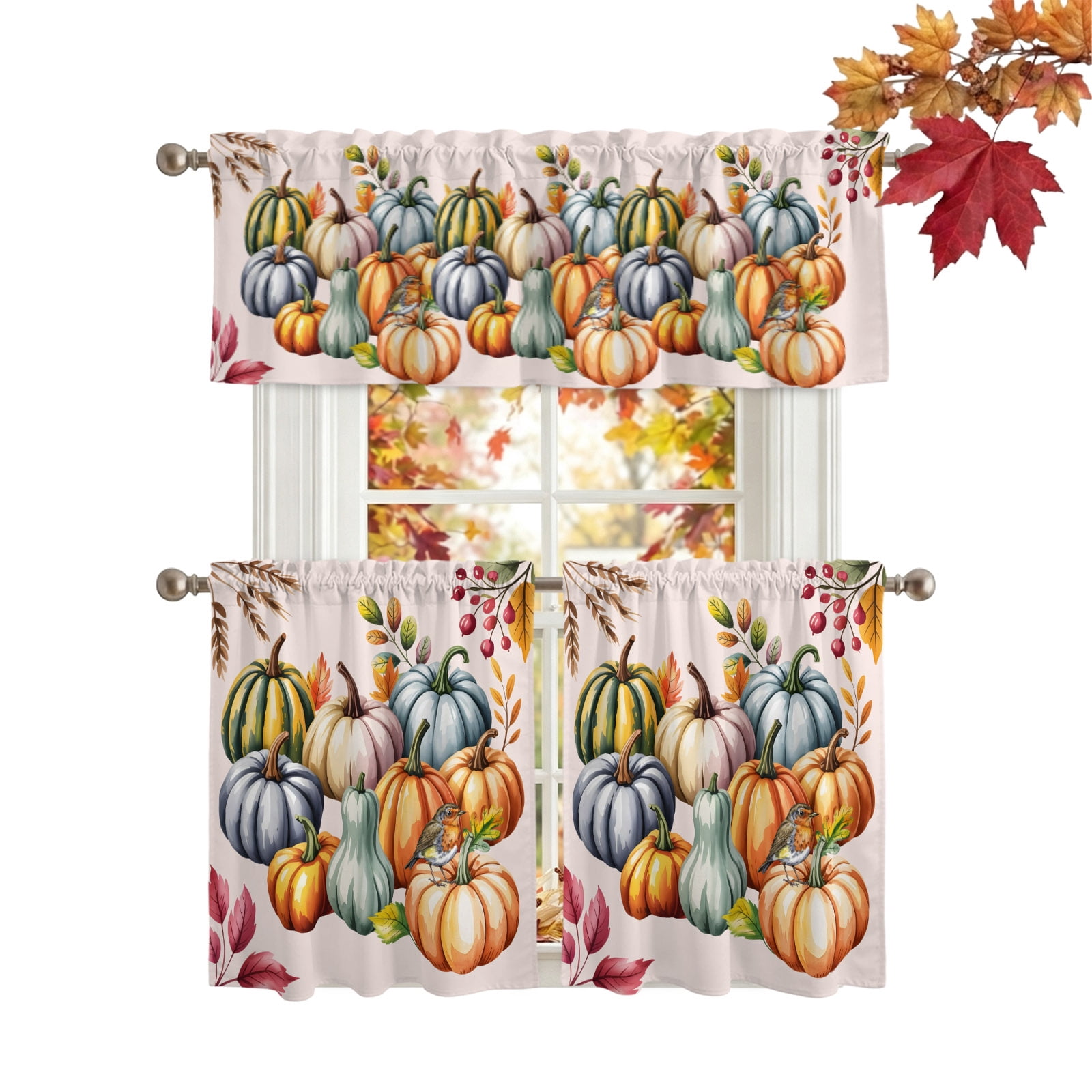 Rod Bird Orange Pumpkins Fall Kitchen Curtains Sets 36 Inch Length Tier Curtain ...