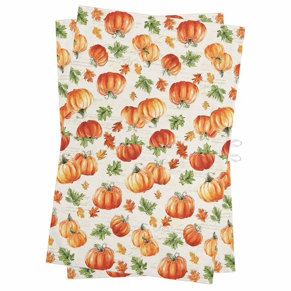 Orange Pumpkins Fall Kitchen Towels Set of 2, Water Absorbent Dish Towel, Rustic Leaves Thanksgiving Farmhouse Decorative Hand Towels - Quick Drying Cloth for Cooking Baking, 18x28 Inch