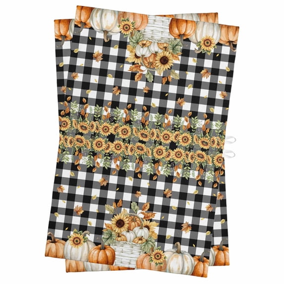 Orange Pumpkins Fall Kitchen Towels Set of 2, Water Absorbent Dish Towel, Sunflower Thanksgiving Black White Plaid Decorative Hand Towels - Quick Drying Cloth for Cooking Baking, 18x28 Inch