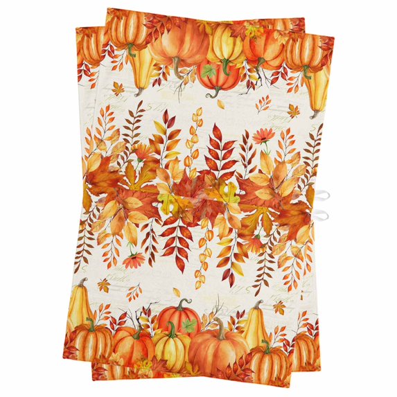Orange Pumpkins Fall Kitchen Towels Set of 2, Water Absorbent Dish Towel, Thanksgiving Botanical Maple Leaves Falling Decorative Hand Towels - Quick Drying Cloth for Cooking Baking, 18x28 Inch