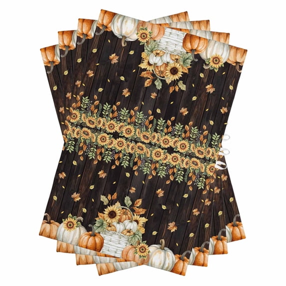Orange Pumpkins Fall Kitchen Towels Set of 4, Water Absorbent Dish Towel, Sunflower Thanksgiving Botanical Wooden Decorative Hand Towels - Quick Drying Cloth for Cooking Baking, 18x28 Inch