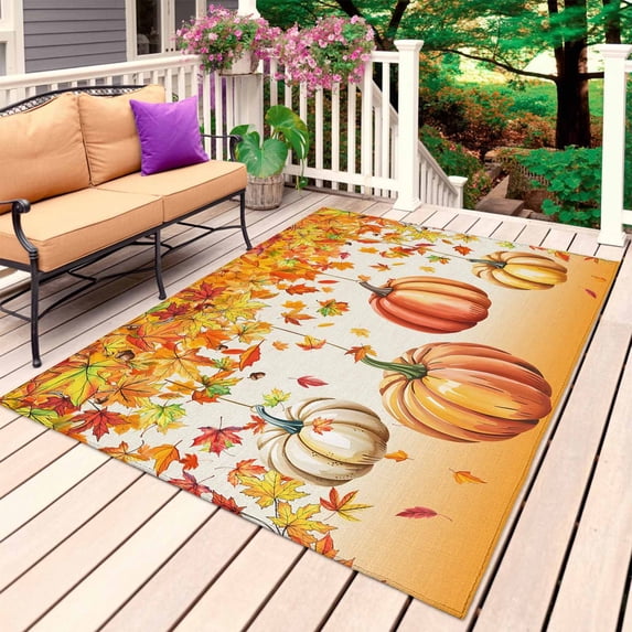 Orange Pumpkins Fall Outdoor Rug 4x6 Ft, Non Slip Washable Area Rug, Thanksgiving Maple Leaves Botanical Patio Rugs Carpet Runner, Large Floor Mat for Indoor/Outdoor Deck Porch Camping