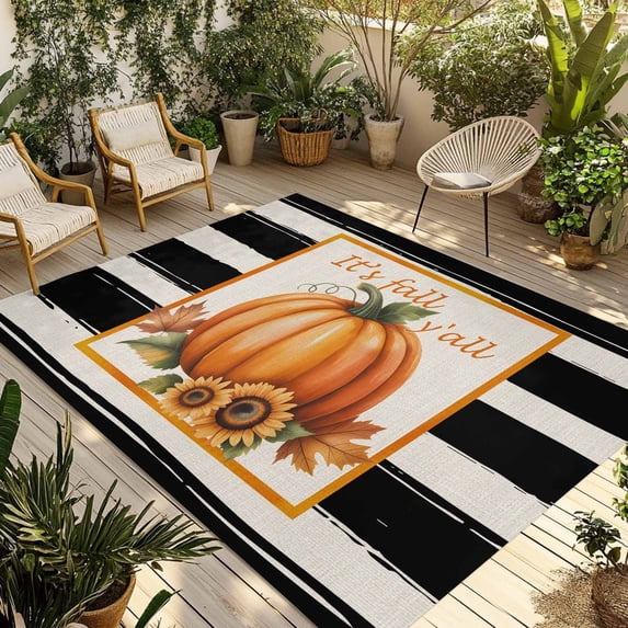 Orange Pumpkins Fall Outdoor Rug for Patio/Deck/Porch, Non-Slip Large Area Rug 5 x 7 Ft, Thanksgiving Botanical Striped Farmhouse Indoor Outdoor Rugs Washable Area Rugs, Camping Rug Carpet Runner