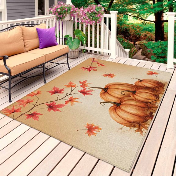 Orange Pumpkins Fall Outdoor Rug for Patio/Deck/Porch, Non-Slip Large Area Rug 5 x 8 Ft, Maple Leaves Thanksgiving Branches Indoor Outdoor Rugs Washable Area Rugs, Camping Rug Carpet Runner