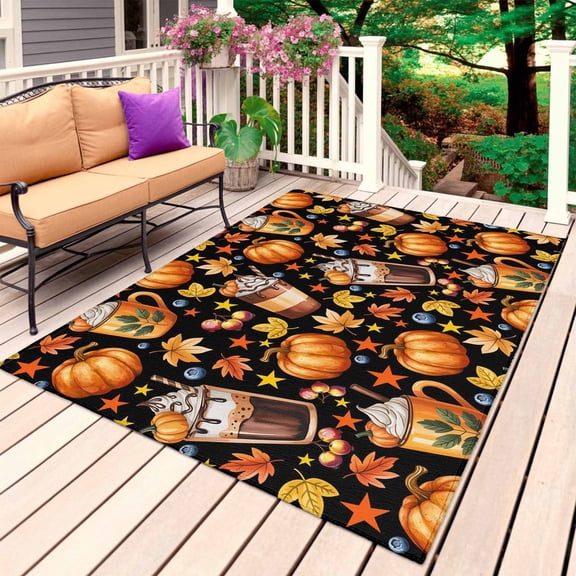 Orange Pumpkins Fall Outdoor Rug for Patio/Deck/Porch, Non-Slip Large Area Rug 6 x 9 Ft, Thanksgiving Autumn Botanical Coffee Indoor Outdoor Rugs Washable Area Rugs, Camping Rug Carpet Runner