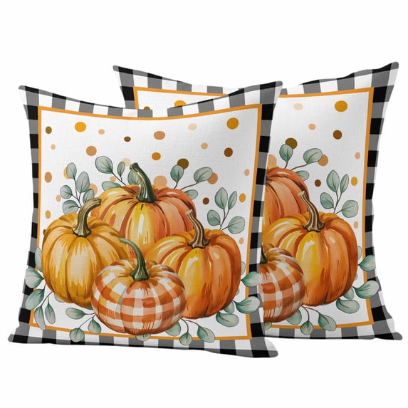 Orange Pumpkins Fall Outdoor Waterproof Pillow Covers, Black Plaid Polka Dot Botanical Decorative Square Throw Pillowcase Sofa Cushion Sham for Patio/Couch/Chair, 26"x26" 2 Pack