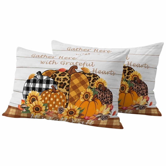 Orange Pumpkins Fall Outdoor Waterproof Pillow Covers, Thanksgiving Sunflowers Rustic Wood Decorative Rectangle Throw Pillowcase Sofa Cushion Sham for Patio/Couch/Chair, 20"x12" 2 Pack