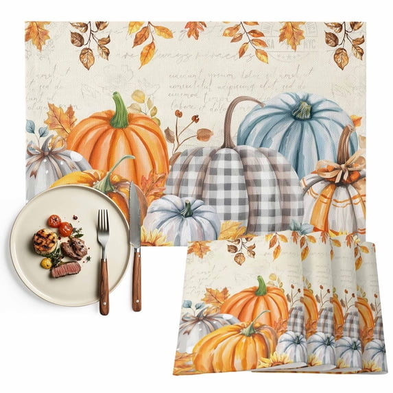 Orange Pumpkins Fall Placemats Set of 2, Thanksgiving Maple Leaf Rustic Washable Wipeable Table Mats for Dining Tables, Indoor Outdoor Kitchen Place Mats for Holiday Party Table Decor