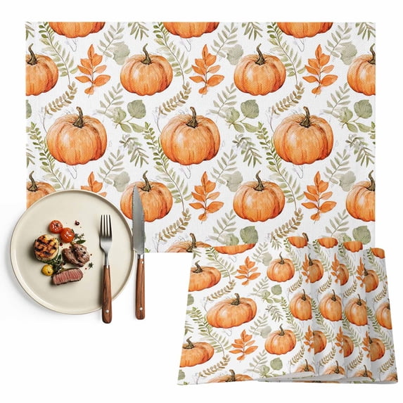 Orange Pumpkins Fall Placemats Set of 4, Thanksgiving Green Leaves Autumn Washable Wipeable Table Mats for Dining Tables, Indoor Outdoor Kitchen Place Mats for Holiday Party Table Decor