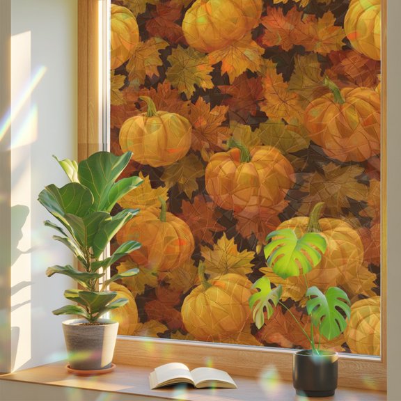 Orange Pumpkins Fall Privacy Window Film, Decorative Stained Glass Window Film, Thanksgiving Maple Leaf Harvest Resuable Rainbow Static Cling for Home Bathroom Living Room Glass Door 17.7"x39.3"