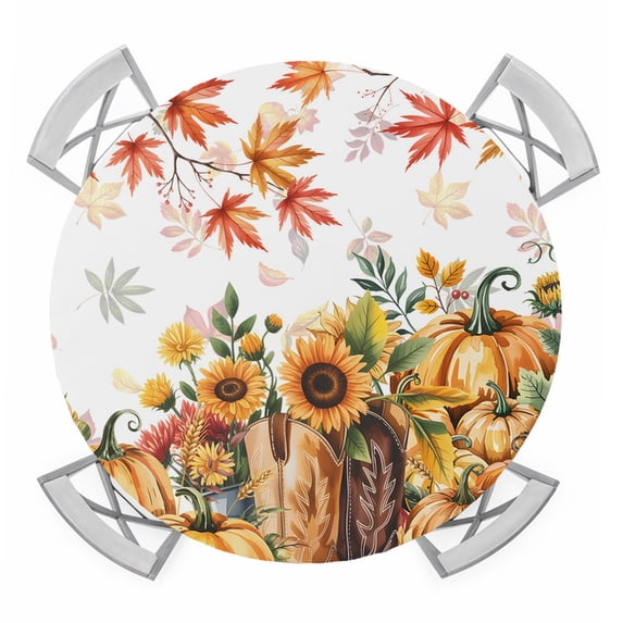 Orange Pumpkins Fall Round Tablecloth for 36-44 Inch Tables,Fitted Table Cover with Elastic Edge,Thanksgiving Maple Leaves Pastoral Waterproof Outdoor Table Cloth Protector for Patio Garden Dinner